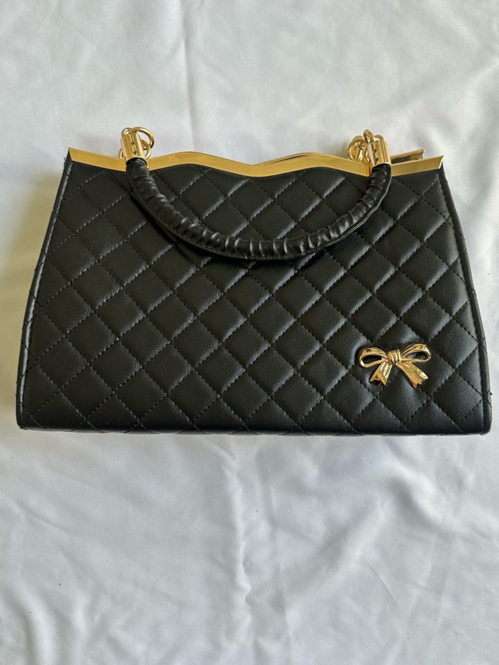 Black Quilted Handbag Decorative Gold Bow